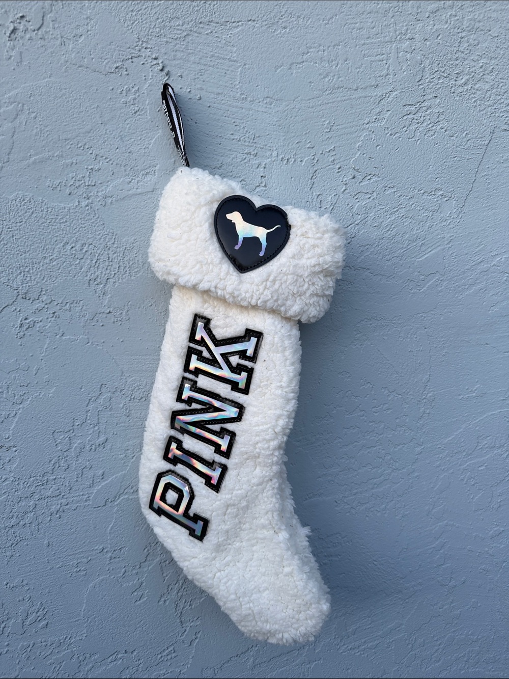 PINK Victoria's Secret White Sherpa Stocking with Holographic Logo